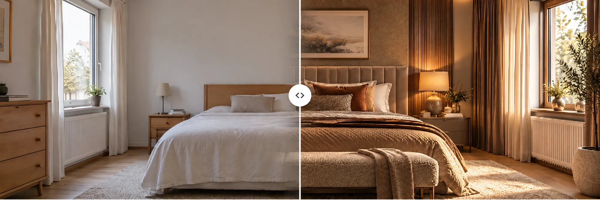 Voor en na: links een lichte slaapkamer met wit beddengoed en kale muren, rechts dezelfde slaapkamer met een gestoffeerd hoofdbord, warm textiel, een bankje aan het voeteneind en sfeerverlichting